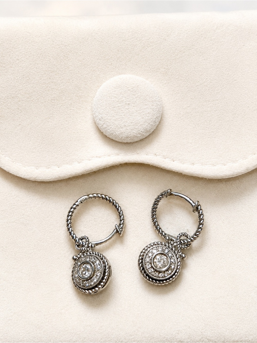 REAL White Gold  Twist Hoop Drop Earrings with Diamond Halo Discs -